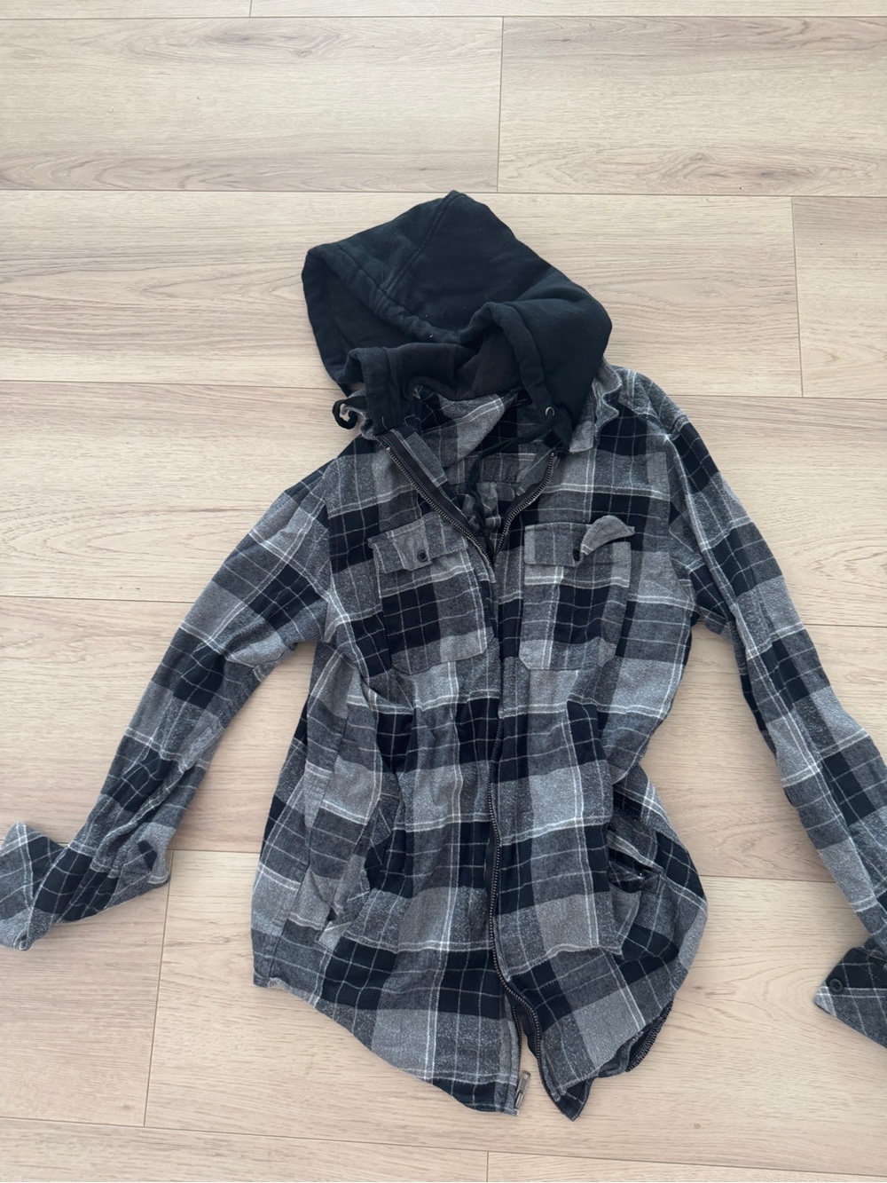 Empyre Black and Gray Plaid Hooded Shirt Jacket